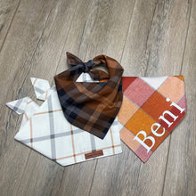Load image into Gallery viewer, White brown tan check dog bandana
